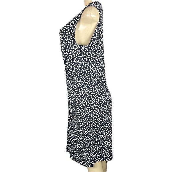 Ellen Tracy M Navy-White Dot Print V-Neckline Ruched Sleeveless Below Knee Dress - Picture 5 of 6